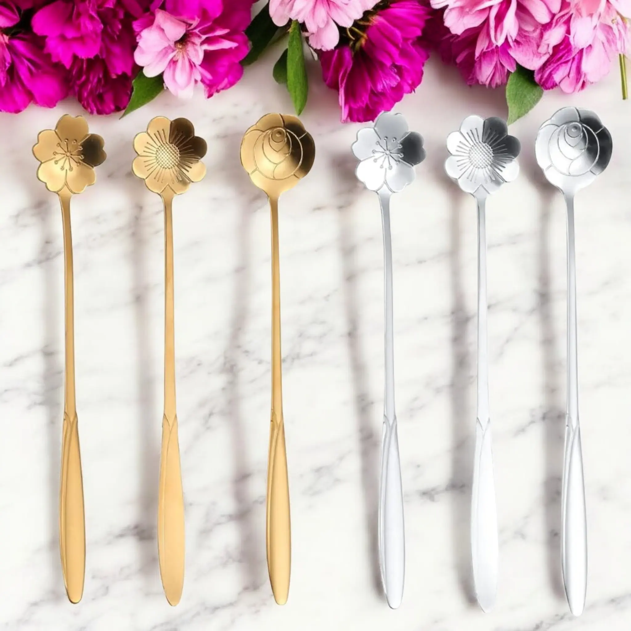 Long Dainty Flower Teaspoon Set - 3 Floral Teaspoons - 7 in