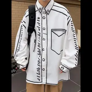 Men's Manga Cartoon Printed Line Shirts for Spring & Summer,Casual Loose Long Sleeve Shirt for Back To School,Men's Clothes,Men's Shirt for Daily Wear