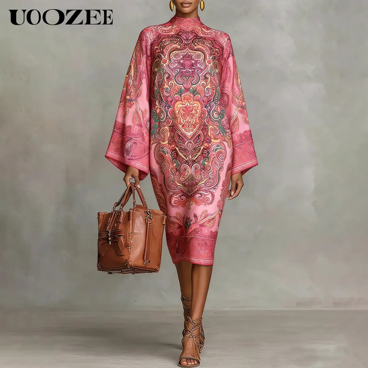 UOOZEE Women's Bohemian Paisley Print Polyester Dress - Lightweight Oversized Mock Neck Kimono-Sleeve Midi with Bag, Elegance, Zipper, Statement Piece for Smart Casual, Cocktails, Low-Iron Drape Fit