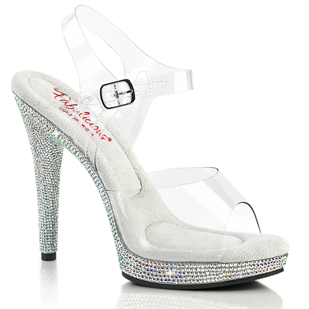 Women's Rhinestone Embellished Platform Sandals, Ankle Strap 5" Stiletto Heel Statement Shoes for Bridal, Wedding & Prom Events, Footwear, Decorated Women's Heeled Sandals, Sparkle, Formal, High Heel, Night Wear, Clear/Silver, Open Toe, Buckle, 5" Heel