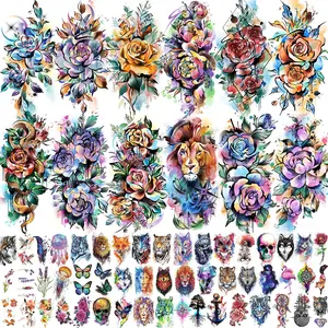63 Sheets 3D Watercolor Rose Temporary Tattoos For Women Arm Girls Adults, Water Color Peony Flower Tattoo Sticker, Bulk Temp Fake Long Lasting Tattoo Colorful Floral Moon Snake Lion Wolf Tiger