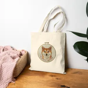 Shiba Inu Portrait Tote Bag | Embroidery Hoop Floral Dog Illustration