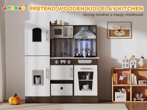 Kids Play Kitchen Set Pretend Wooden Playset Toy w Sound Light Oven Ice Maker Blackboard Toy Storage Box for Toddlers Ages 3+