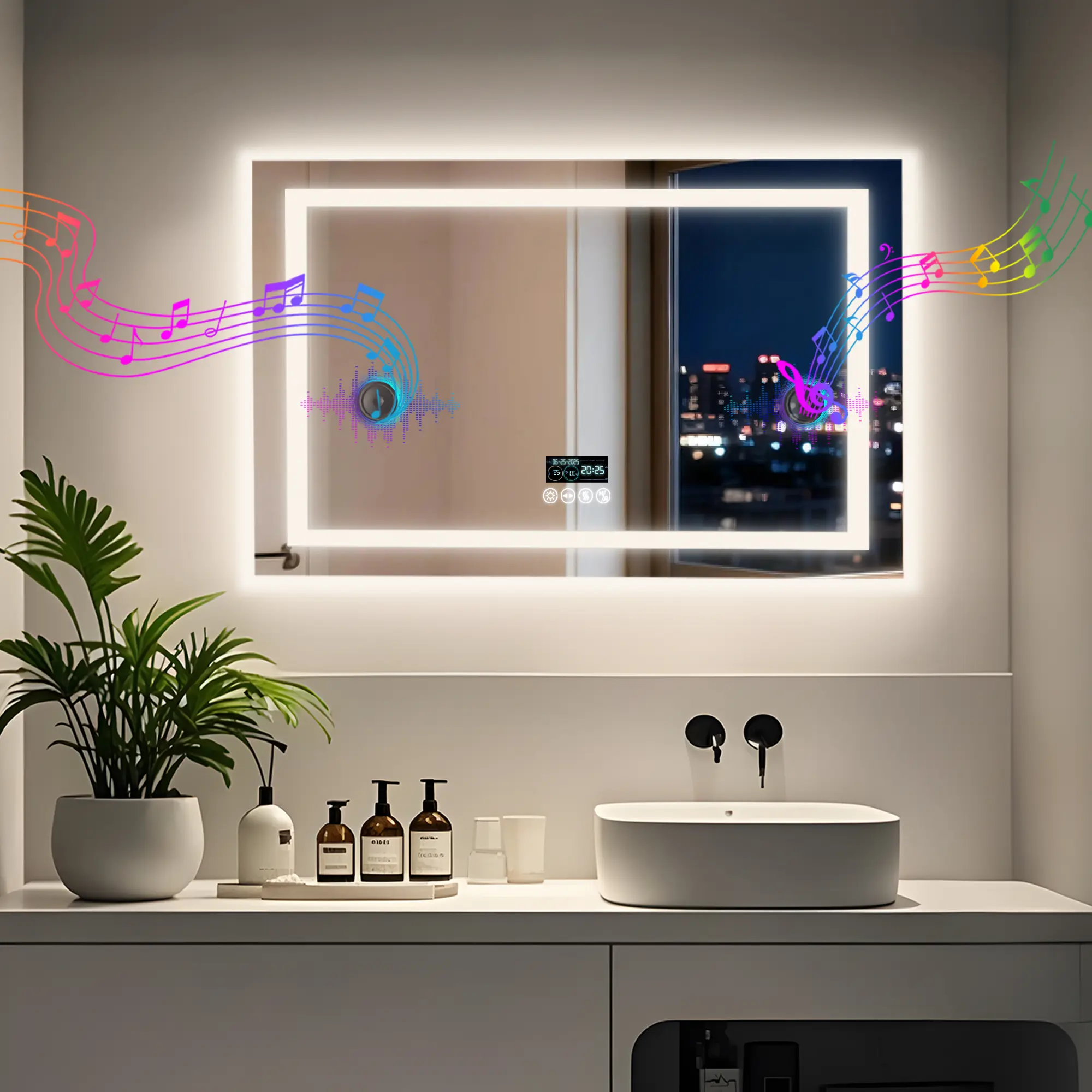 LED Bathroom Mirror with Bluetooth Speaker & Screen Display, Tempered Glass Anti Fog Vanity Mirror, Front and Backlit Dimmable 3 Color, Dimmable Mirrors, Led Lighted Mirror