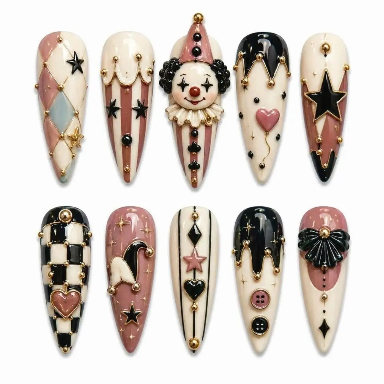 Vintage Circus Press On Nails, Pink Black Clown Art, Star and Heart Charms, Checker Pattern, Gold Bead Details, Whimsical Statement Nail Set