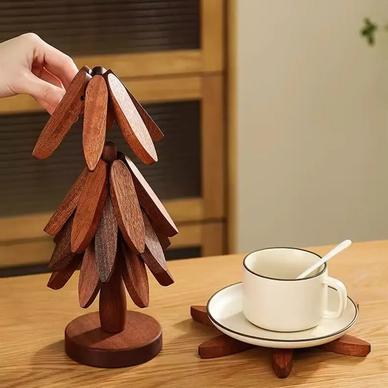 Vibe Halo.Tree Shaped Bamboo Trivets for Hot Dishes, Foldable Trivet Set of 4 with Storage Stand, Stacks Like Christmas Tree, Heat Resistant Kitchen Hot Pot Holder for Pots, Bowls, Teapots, Eco-Friendly Decor Kitchen Supplies