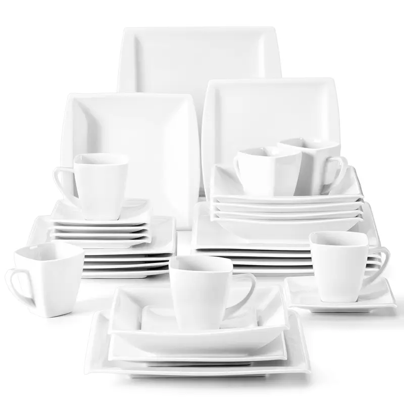MALACASA Blance Series Stylish BPA-Free Ceramic Tableware Set - 30-Piece Plain Dinnerware Service Set, Ivory White Square Plates, Bowls, Cups & Saucers for 6, Marble Line Detail, Oven-Safe for Casual/Formal Dining