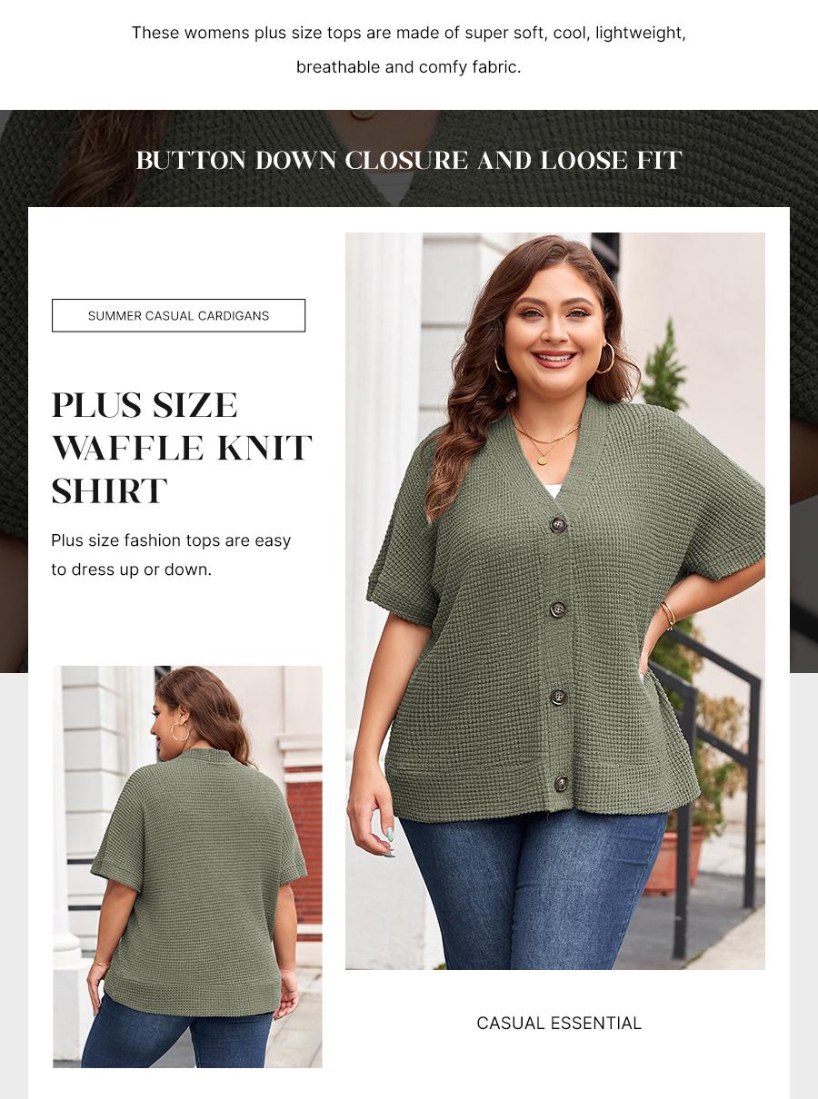 Eytino Womens Plus Size Tops Casual V Neck Short Sleeve Waffle Knit Button Down Shirts(1X-5X)