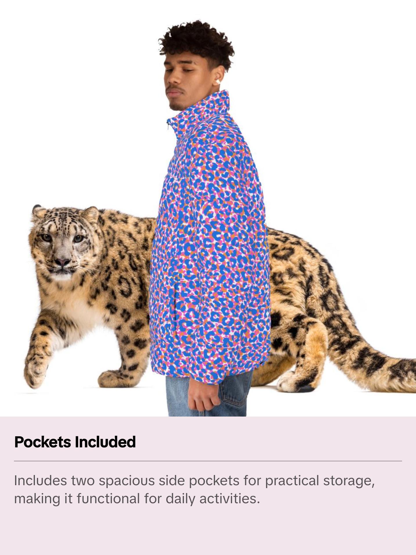 Men's SCBC " Spotted Frenzy" Puffer Jacket (AOP). Puffer Jacket, Spring, Mens Clothes, Warm Jacket, Lightweight, Deer, Graphic Design. Collar Menswear