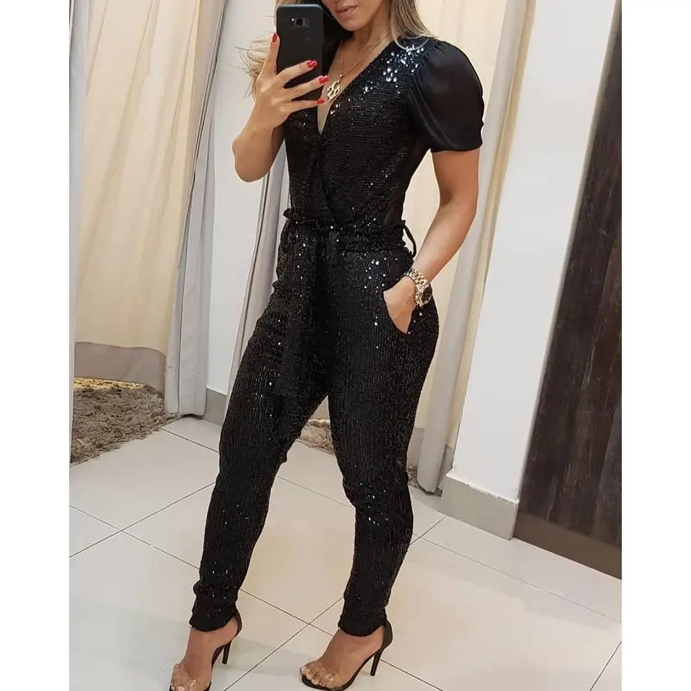 Women Sequins Belted Pencil Pant Jumpsuit