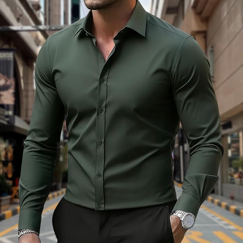 Men's Fashion Casual Shirt - Long Sleeve Solid Color Style, Collared Button Design, Polyester Fabric, Comfortable and Breathable, Suitable as a Holiday Gift, For Outings, Casual Parties, Dates, Light Business