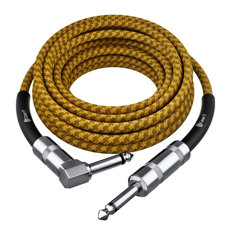 Right Angle to Straight 1/4 Inch Male to Male Guitar Instrument Cable, Yellow