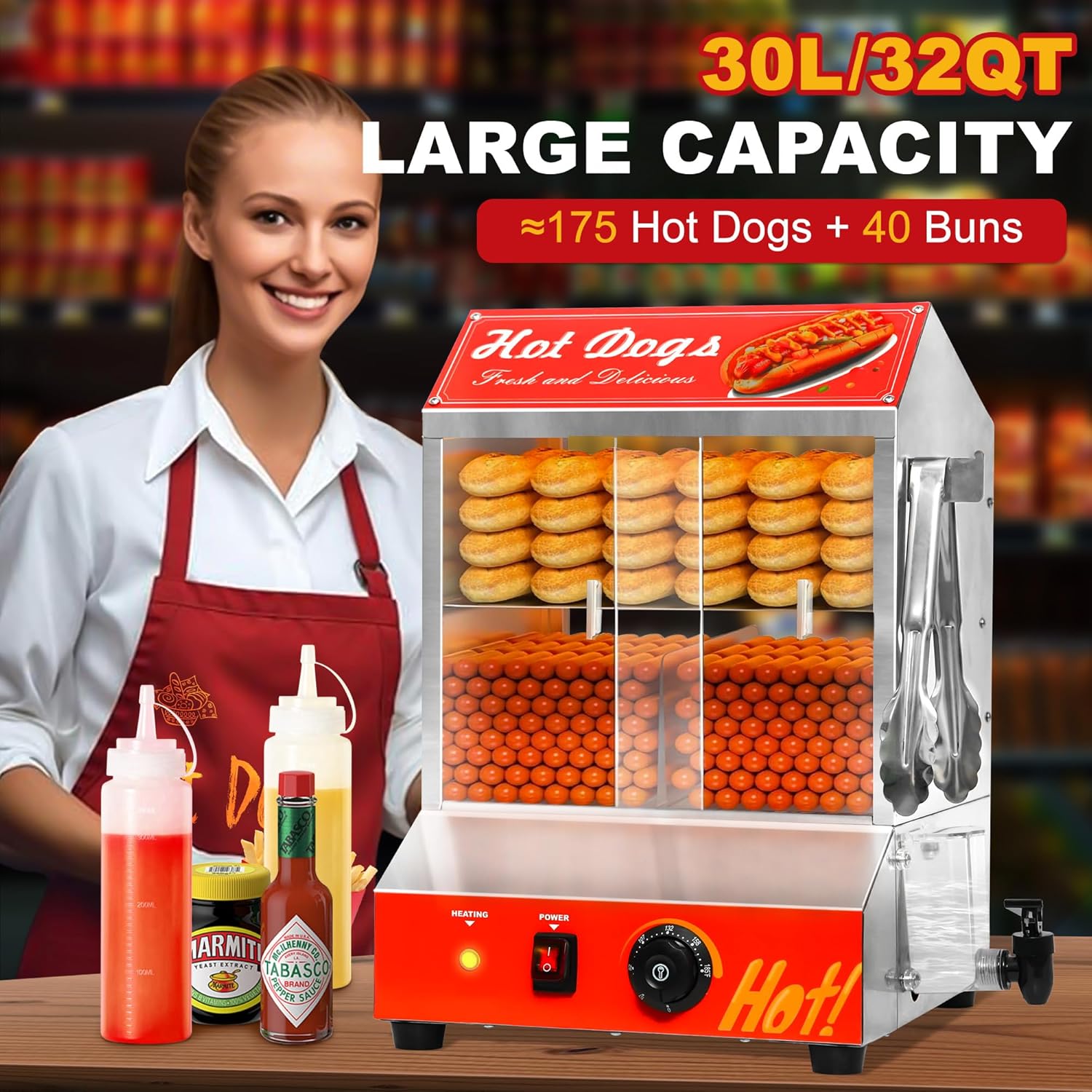 32QT Hot Dog Steamer, 2-Tier Stainless Steel Hot Dog Hut Steamer with Bun Warmer, Electric Hot Dog Bun Steamer with Sliding Door and Clip, Hold 175 Hotdogs and 40 Buns, 32℉-185℉ Temp Control, 1000W