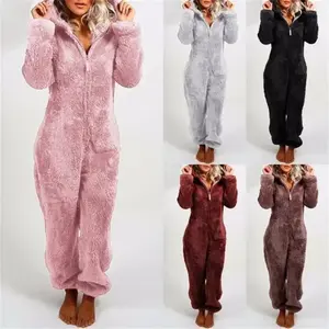 Women Plush 3D Ear Hooded Long Sleeve Jumpsuit Pajamas, Suitable For Autumn/Winter S-5XLGift