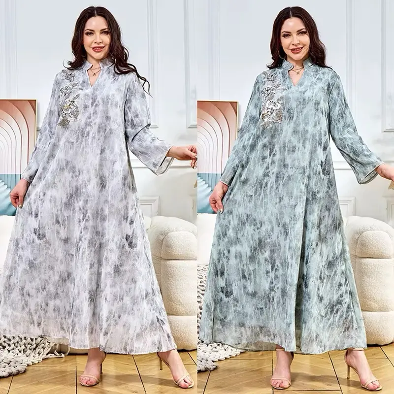 Elegant Marble-Style Abaya for Women, Loose-Fit Islamic Maxi Dress with Rhinestone Detail and Long Sleeves for Evening Events, Muslim Dresses, Elegant Islamic Clothing, Islamic Modesty Clothes Modest Muslim Outfits