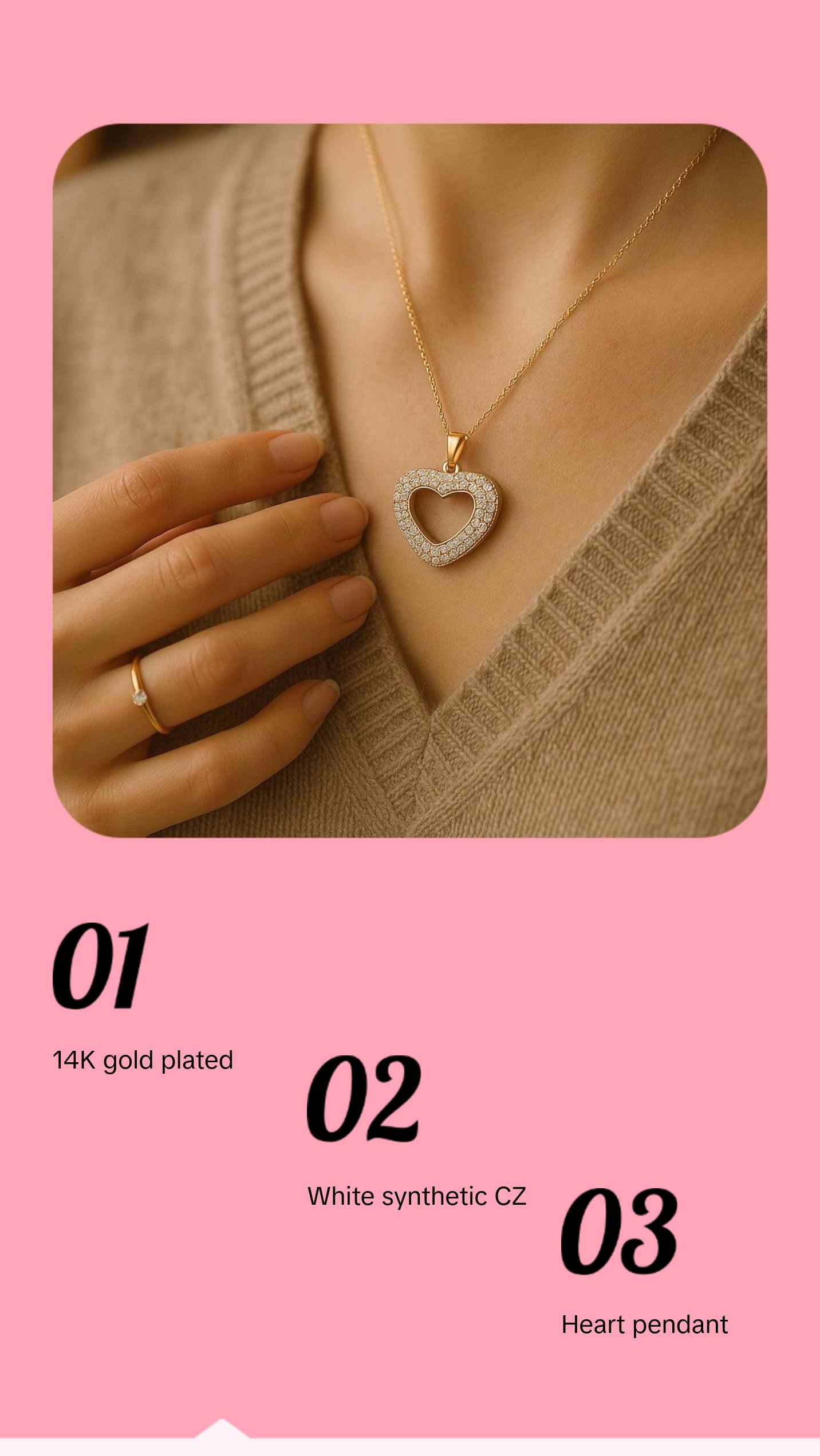 Romantic Gold Heart Pendant with Crystals - 14KGold Plated