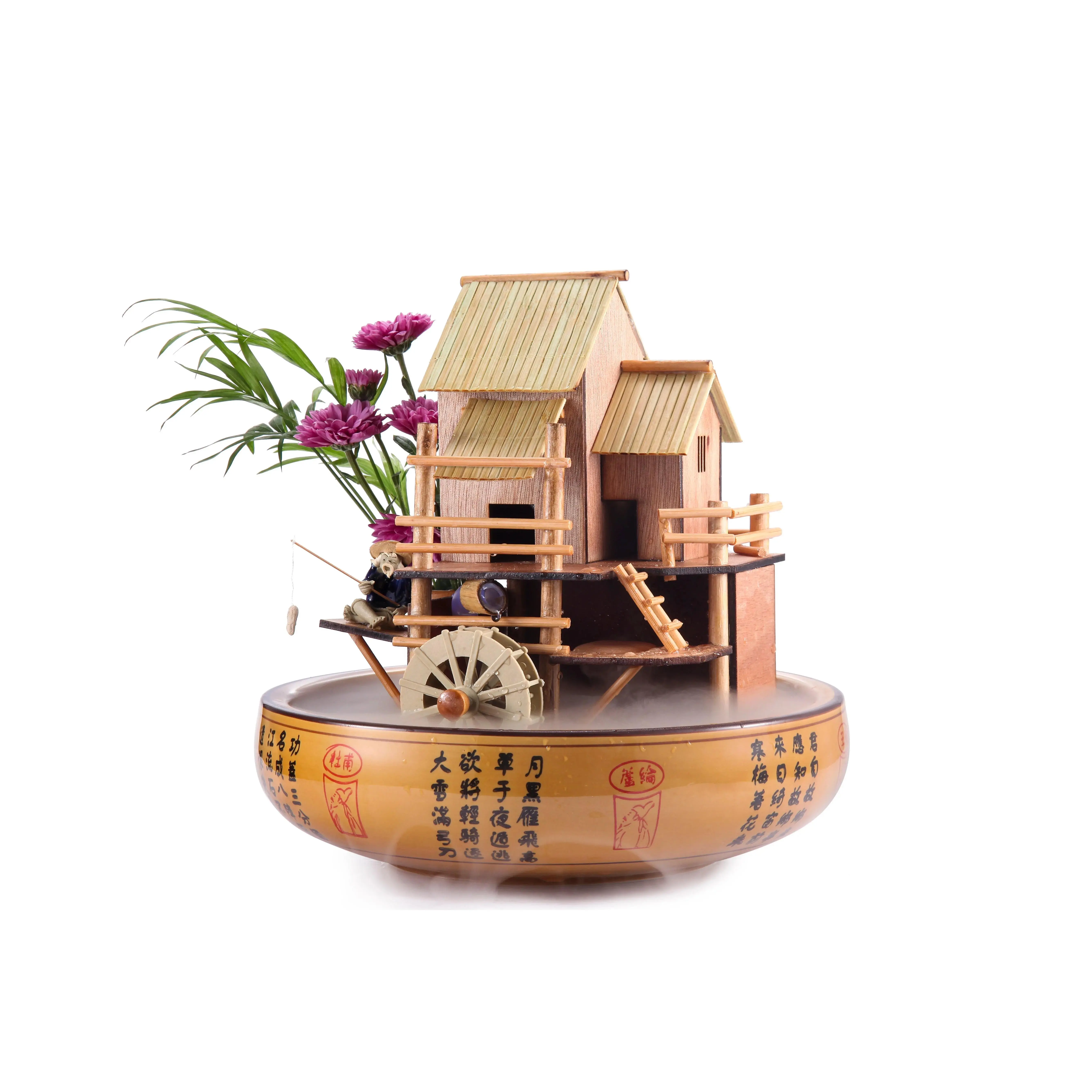 10" Bamboo House Fountain with Decorative Pot, Plant Holder, Fisherman Figurine, and Quiet One 100 Pump