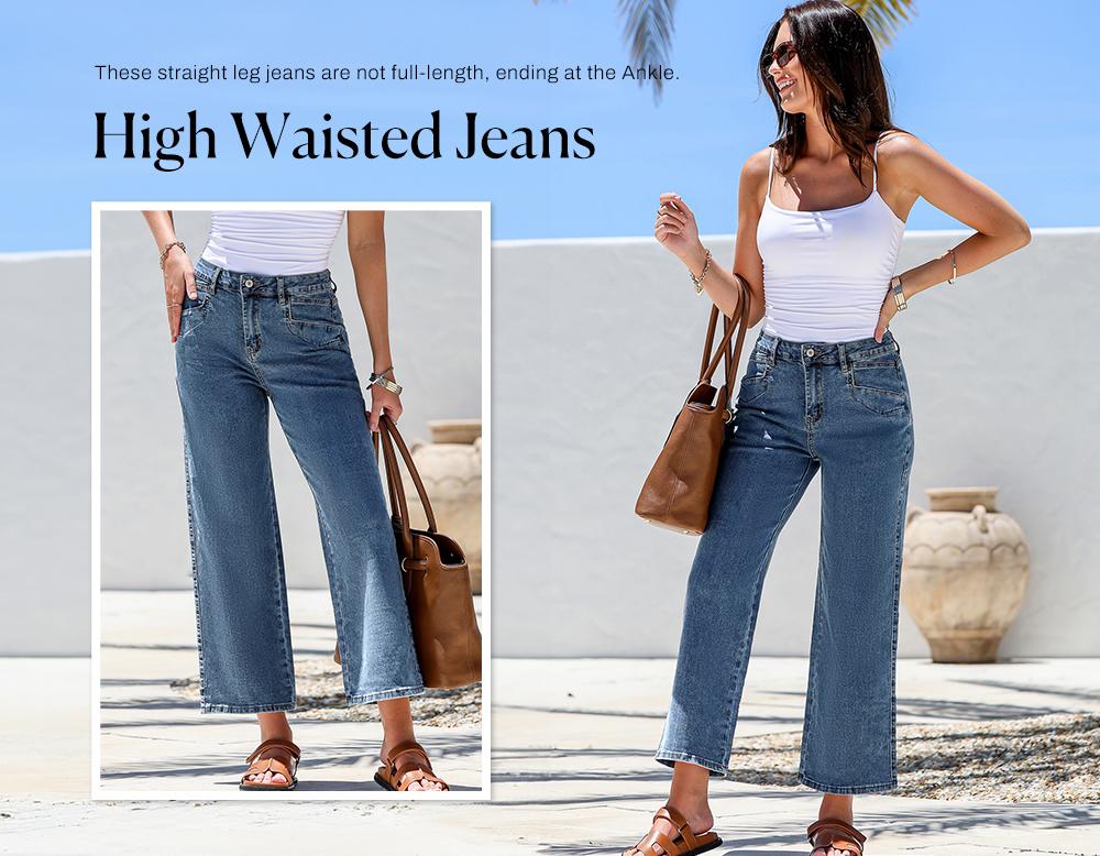 Sidefeel Women's Straight Leg Jeans High Waisted Petite Stretchy Jeans Zimbaplatinum Wide Leg Ankle Denim Pants with Pockets