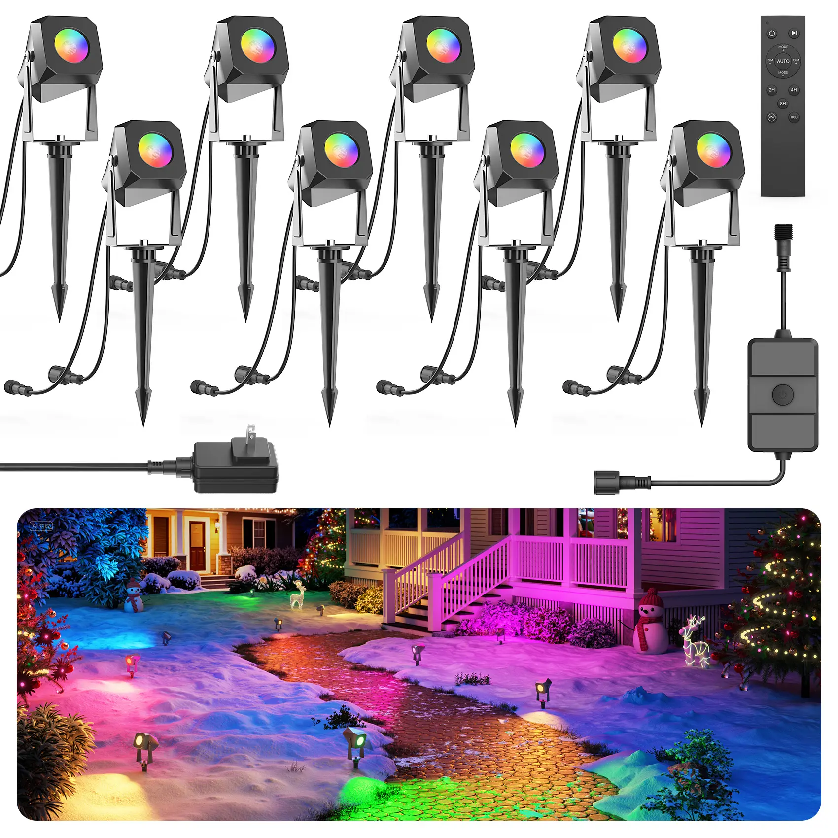 SummerVibes 4-Pack RGB Low Voltage In-Ground Pathway Lights with Stake, Durable Metal+PC LEDs, Remote-Timer Control, Easy Installation, IP65 Waterproof Landscaping Decor for Patio Holidays Dynamic Scenes, Switch