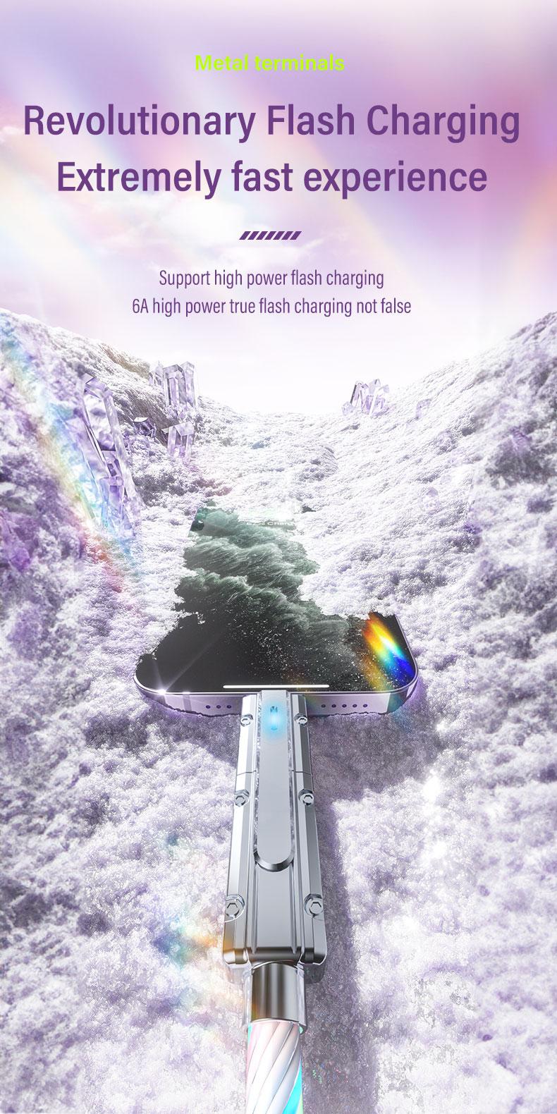 Four-in-One 100W Colorful lights Data Cable,Supports fast charging and data transmission,Free switching four interfaces, Luminous Durable