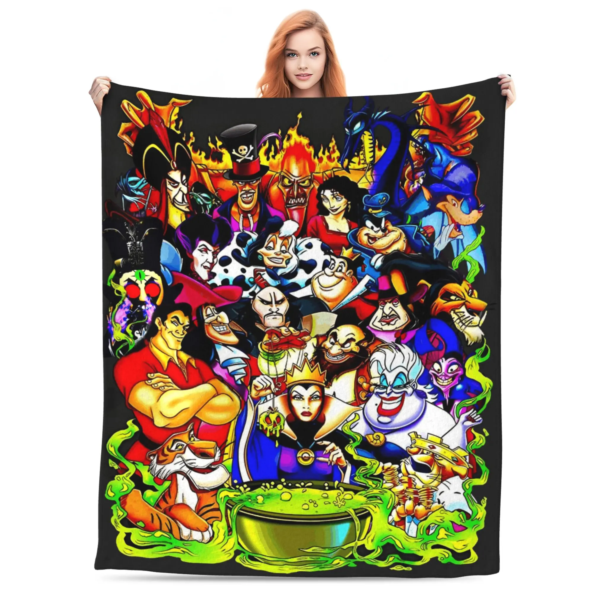[SummerVibes] DISNEY CLASSIC Villains Throw Blanket – Epic Collection of Classic Cartoon Antagonists, Dark Fantasy Design with Cauldron and Flames, Soft Fleece Blanket for Fans of Evil Characters Gift For Women Gift For Housewarming
