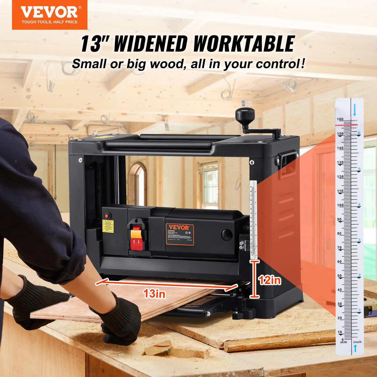 【Summerfinds】VEVOR Benchtop Thickness Planer (Power Tools), 13-in Width Worktable, 15-Amp 1800W Heavy Duty Motor, 1-Speed, 2-Straight Knives for Even Cuts, 12-in Extended Infeeding Table, Low Noise, Cast Iron Build, for Hard & Soft Wood Cutting, Two Strai