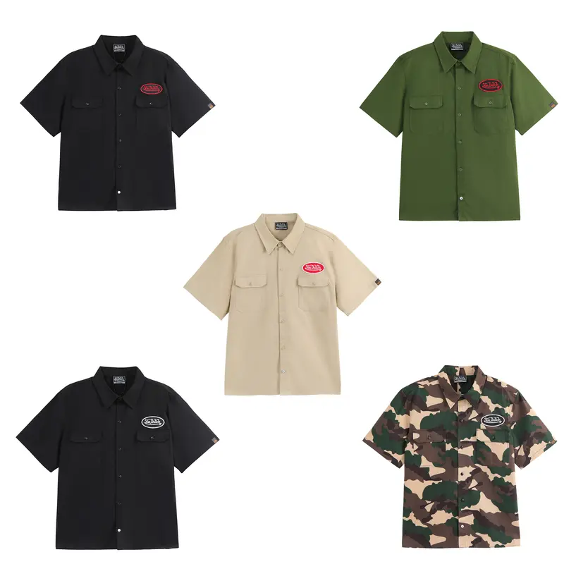 Von Dutch Classic Mechanic Embroidered Cotton Casual Men's Shirts - Black, Short Sleeve, Brand Clothing, Male Clothing, All Styles Men's Clothes