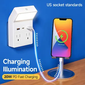 Wall outlet with night light, multi-functional socket converter with protection and extension, featuring 4 AC power sockets, 2 USB ports, and 1 Type-C port, suitable for home, office, and travel use plug