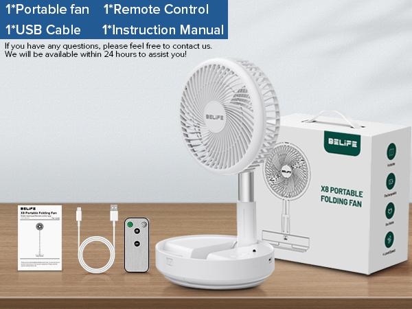 Belife X8 Portable Fan, Cordless Oscillating Fan with Remote, Foldable Telescopic Adjustable Height Fan, USB Rechargeable 7200mAh Battery Operated Camping Fan for Travel Outdoor Home Bedroom Sleeping