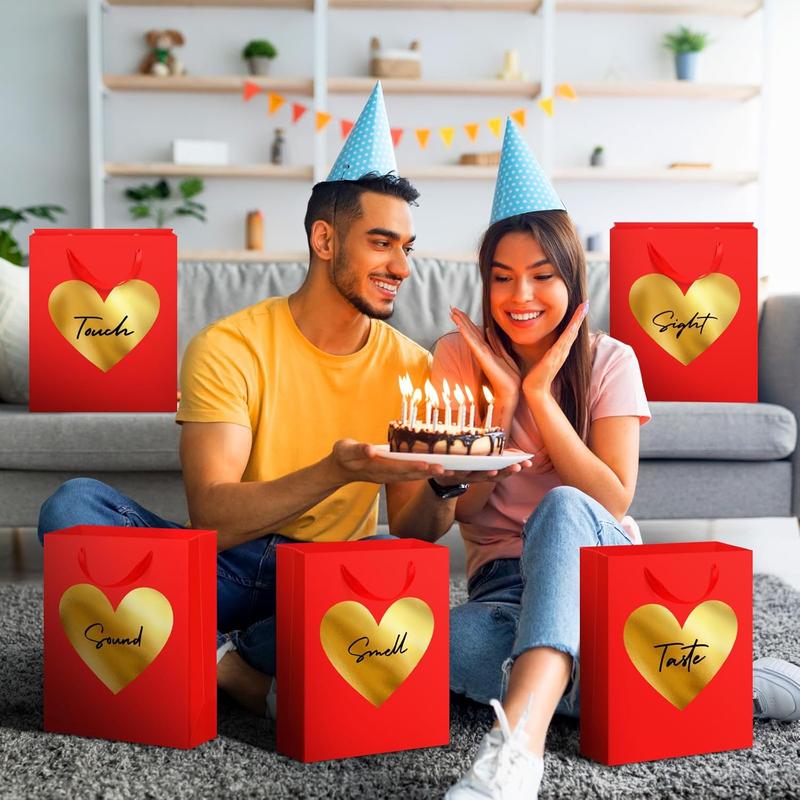 Valentine 5 senses Gift Bags for Her Sight Smell Touch Taste Sound Goodie Bags Paper Gift Bags with Handles Love Heart,Present Wrappings for Christmas Galentine Wedding Birthday Mother Day