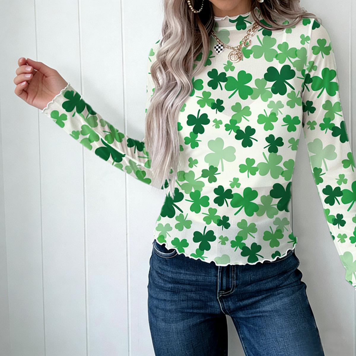 Znacicc Women's St. Patrick's Day Sheer Mesh Top with Green Clover Pattern Romantic Lettuce Edge Trim on High Neck and Sleeves Chic Everyday Look