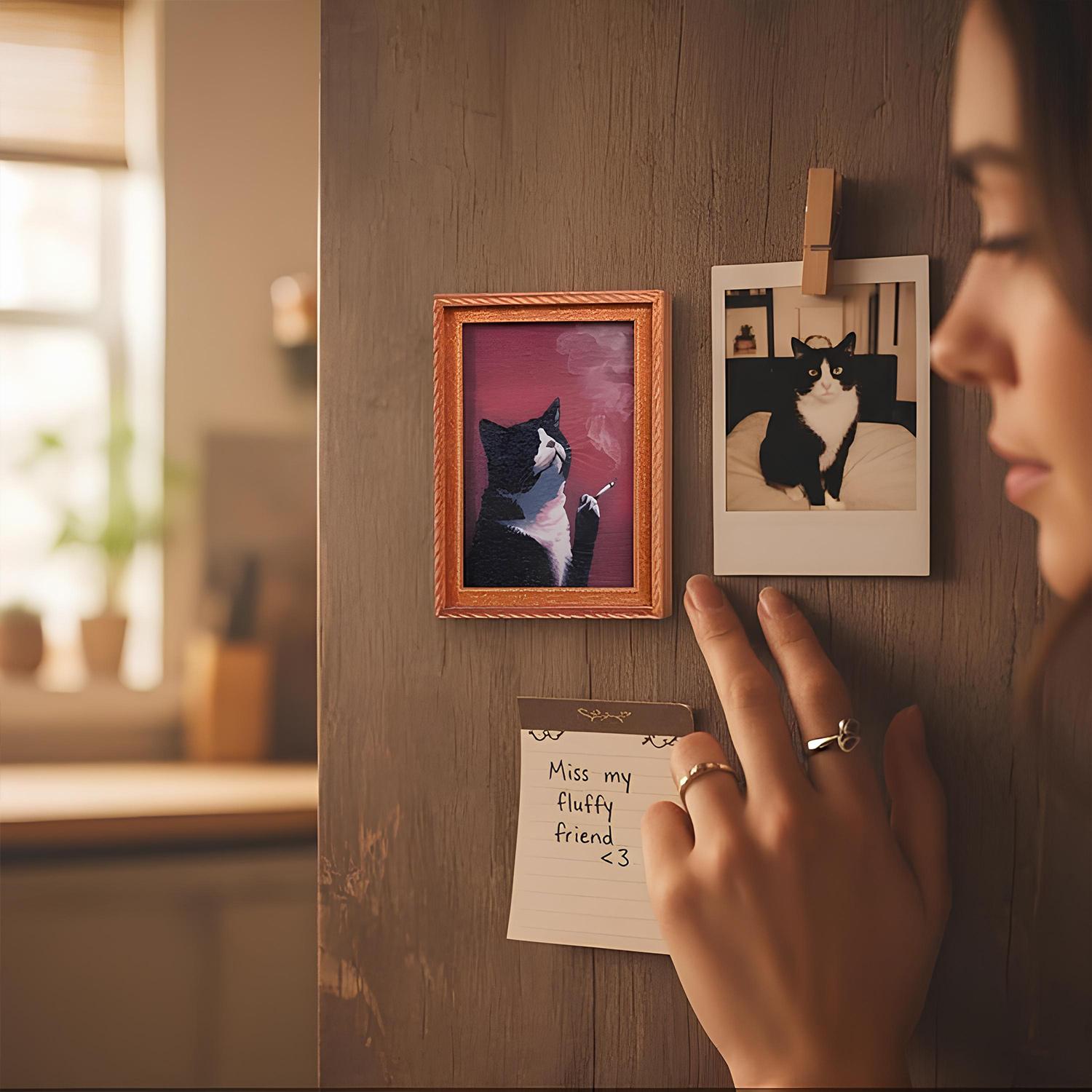 Cute Cat Refrigerator Magnets, Adorable Black & White Cat Design, Funny Wooden Rebellious Cat Smoking Art Print Fridge Magnets, Strong Magnets Refrigerator for Home Kitchen Office Decor