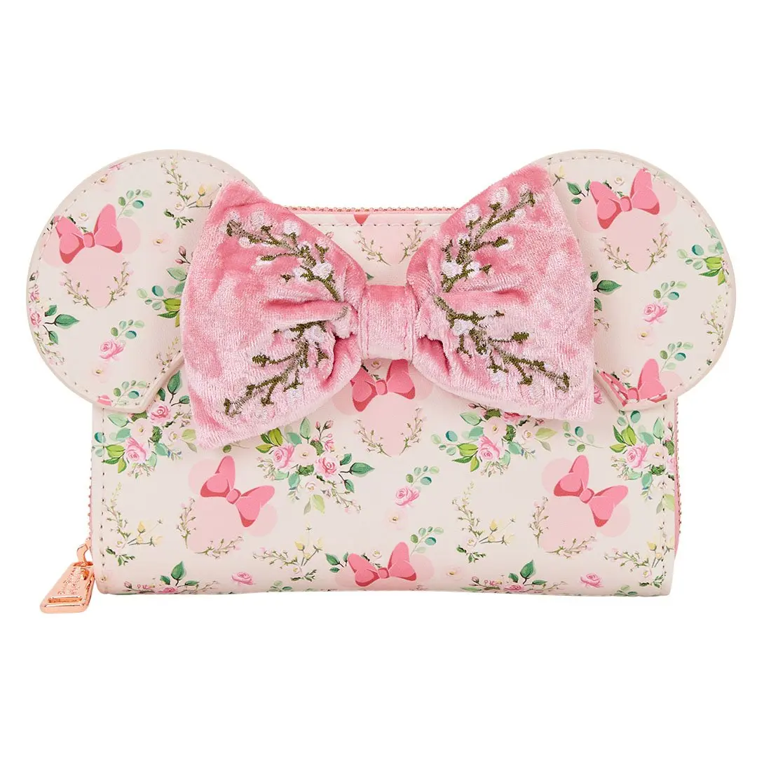 Loungefly Disney Minnie Mouse Floral Faux Leather Wallet with Zipper, 3D Applique Ears, Velvet Bow, and Embroidery