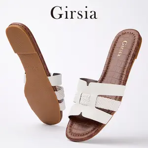 Girsia Women's H Buckle Sandals with Arch Support Insole, Soft Microfiber Leather Slip On Summer Sandals for Beach, Vacation, Travel & Daily Wear, Croc Embossed Waterproof Sole, Easy Clean