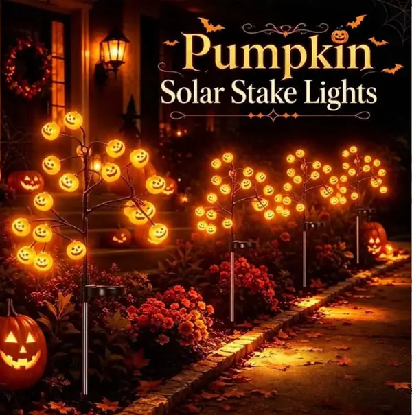 LED Plastic Solar-Powered Pumpkin Head Stake Lights, 20-Head Halloween Decorations with 8 Lighting Modes, Auto On/Off, Stake Mount, 2/4 Pack for Garden Pathway Yard