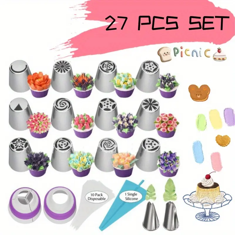 27 Pcs Cake Decorating Supplies Set - Rust-Proof Stainless Steel Washable Tips, Food-Grade TPU Bag, 10 Disposable Bags, DIY Kit for Cupcake Cookies Birthday Party, Includes 12 Russian Nozzles, 2 Leaf Tips, Converters, 1 Pastry Tool, Piping Bag, Diy Decora