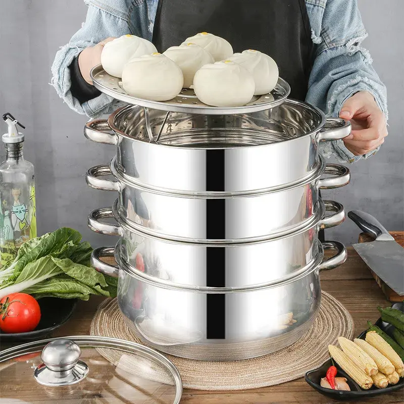CNCEST 1*5-Tier Round Stainless Steel Steamer Cookware - Glass Lid, 33 lbs Max Per-Tier Capacity, Smooth Finish, Durable, All-Stovetop Compatible Home Kitchenware for Cooking, Housewarming Gift, Sturdy