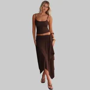 Women's Asymmetric HemCamisole Top & Midi Skirt Two-Piece Set 2026 Spring Fall New Minimalist Chic Daily Outings, Vacation Casual  Slim-Fit Silhouette Skirt Suit Elegant Vacation Beach Outfit summerwins