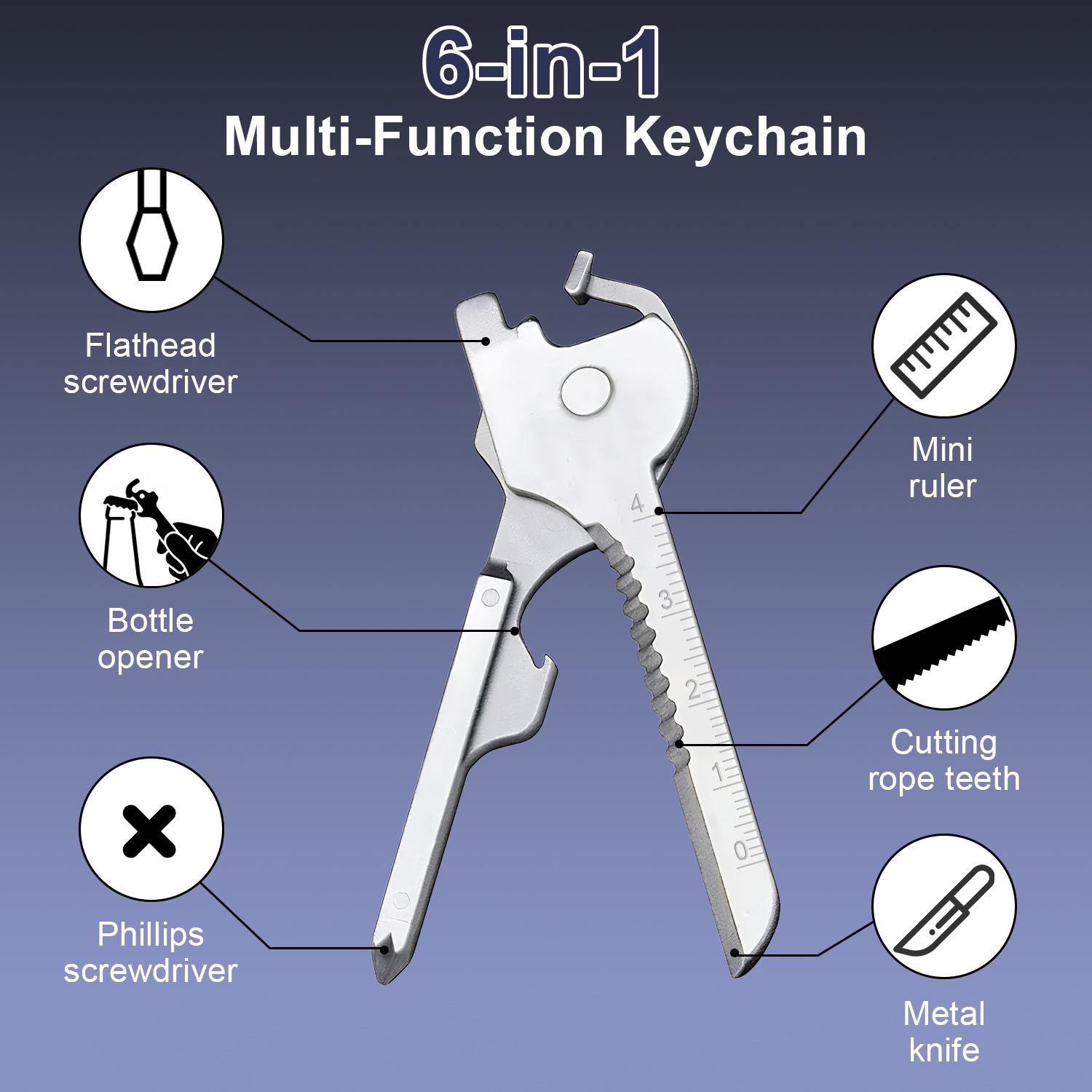 6-in-1 Multi Tool Keychain, Stainless Steel Pocket Key Tool with Flathead/Phillips Screwdriver, Bottle Opener, Mini Ruler, Rope Cutter & Metal Knife, Compact EDC Gear for Camping, Survival, DIY, Daily Use - Cool Gift for Men Dad Husband