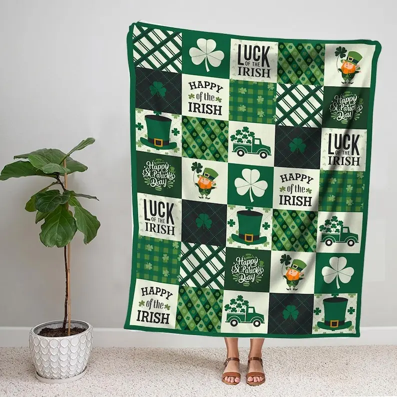 Irish Clover Throw Blanket, St Patrick's Day Sherpa Fleece Blanket, Luck of the Irish, Shamrock Plush Blanket, First St Patricks Day Gift