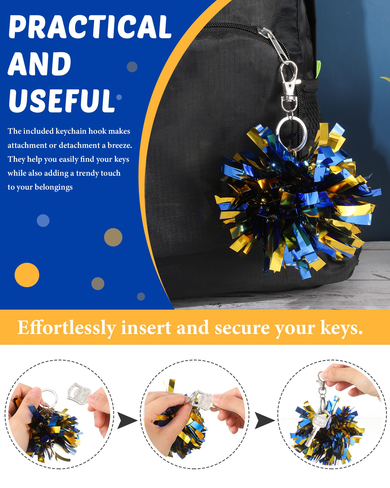 20 Pcs Cheer Pom Pom Keychains Cheerleading Graduation Gift Pendant Charm Foil with Keychain Hooks for Students Class Friends School Cheerlead Team Gift Backpack Accessories Decoration