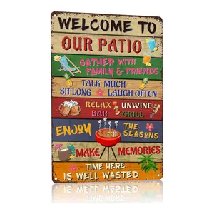 8x12 Inch Welcome to Our Patio Outdoor Metal Sign – Colorful Rustic Wall Decor for Backyard, Poolside Bar, Funny Summer Sayings with Icons Poster Vintage Tin Sign, Great Gift for Neighbors & Friends