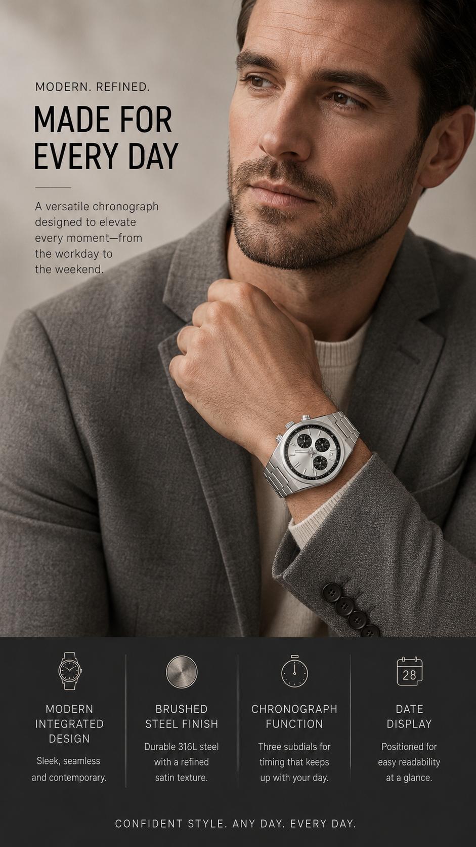 Men's Casual Business Analog Chronograph Watch, Classic Stainless Steel Metal Band, Quartz Movement, Analog Face, Round Shape, Mineral Glass, Calendar Date Display, 30M-50M Water Resistant, Clasp Closure, Daily Wear Fashion Accessory