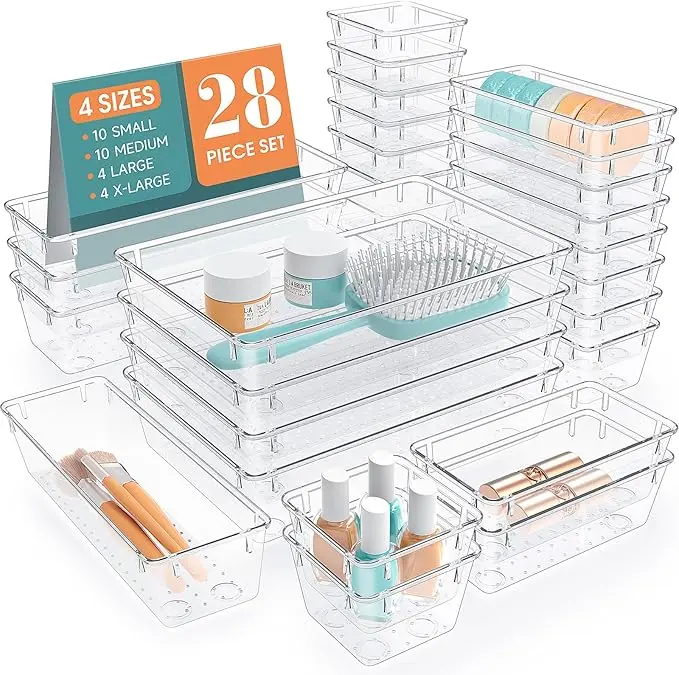Clear Plastic Drawer Organizers Set - 28 PCS Trays for Makeup, Jewelry, Kitchen Utensils, Gadgets & Office Accessories in Boxes Cabinet Transparent Multicolor