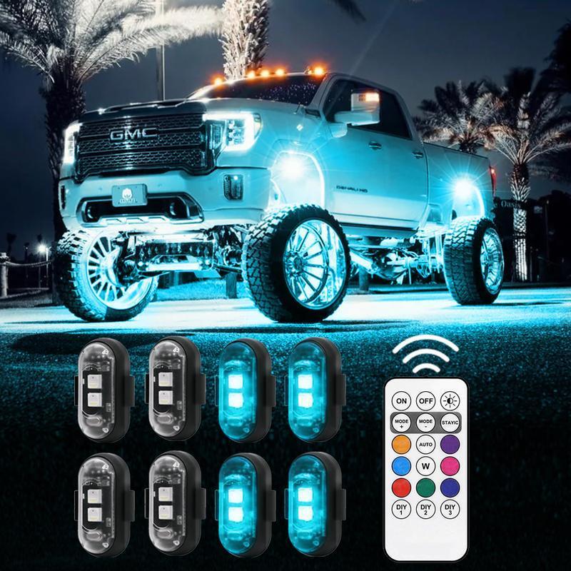 6 PCS LED strobe and position warning lights for automotive, motorcycle, and aircraft applications, including airplanes and helicopters. Features wireless control and high-visibility flash patterns underglow