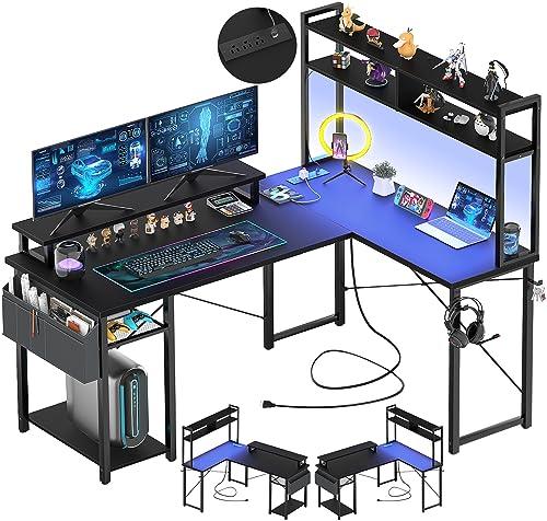 L-Shaped Gaming Desk with RGB LED Lights, Built-in Power Outlets & USB Ports, Reversible Design, Spacious Storage, Ergonomic Monitor Stand