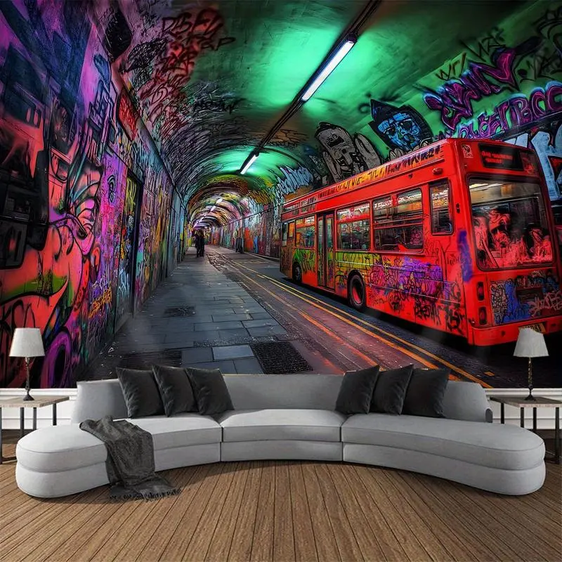 1Pc Urban Graffiti Fake Tunnel Wall Tapestry - Digital Print Vibrant Synthetic Polyester Velvet Horizontal Cordless Decor, Wrinkle-Resistant High Color Fastness for Living Room, Room & House Accent, Room Decor