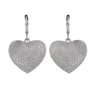 Cubic Zirconia Heart Lever Back Earrings in Silvertone
