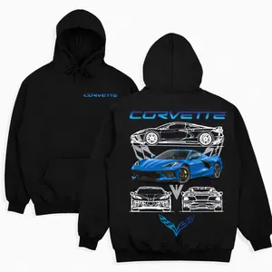 Corvette Sports Car Hoodie, 2 Sides Print Chevrolet Corvette Evolution Graphic Hoodie, Soft Cotton Blend Unisex Hoodie, Street Wear Graphic Hoodie, Gift for Corvette Fans