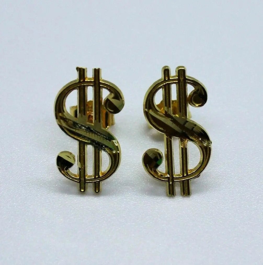 10K Solid Yellow Gold Dollar $ sign Earrings 2 sizes